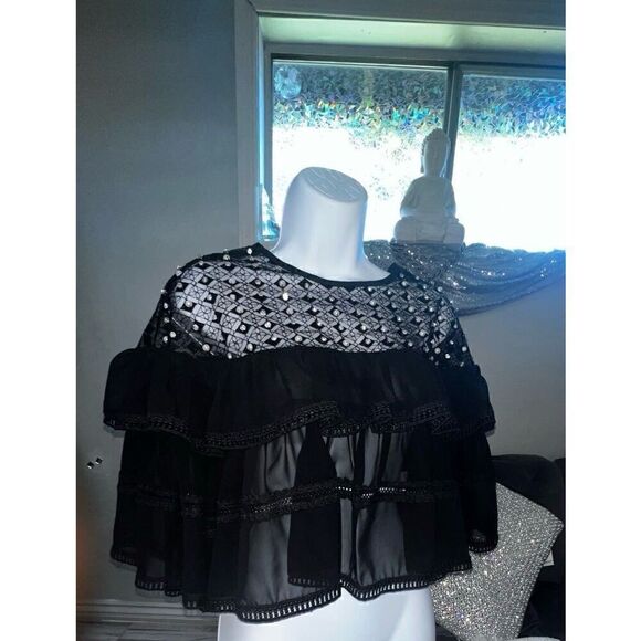 Beulah Ruffle Lace Crop Top with peals and rhinestone details - Picture 2 of 12